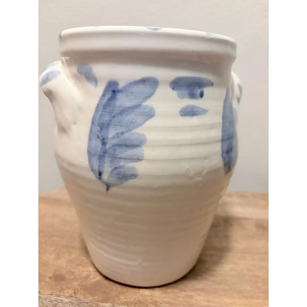 Vintage Jamestown Pottery '99 Studio Blue White Stoneware Crock Utensil Vase